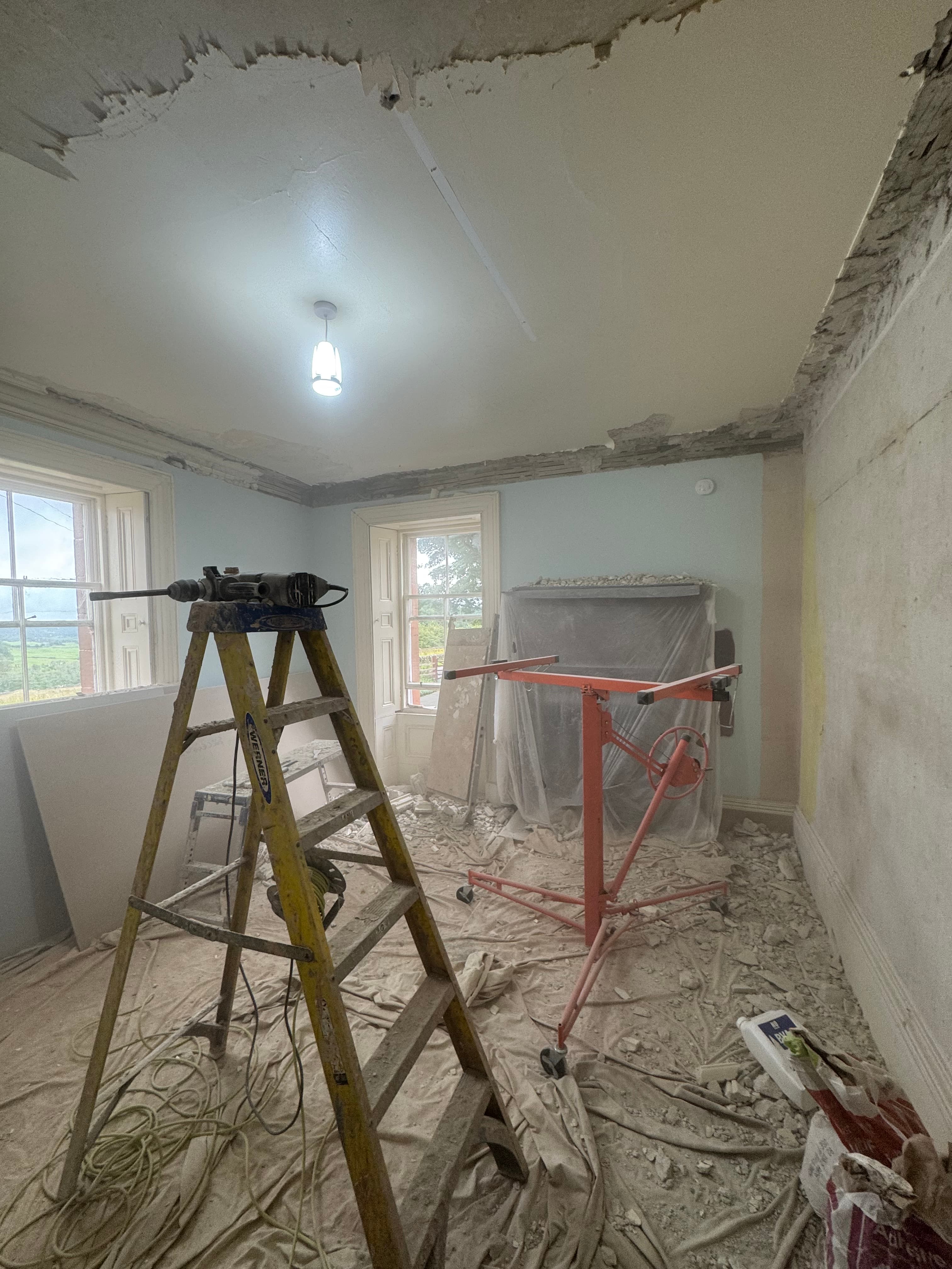 Newly boarded and plastered kitchen wall